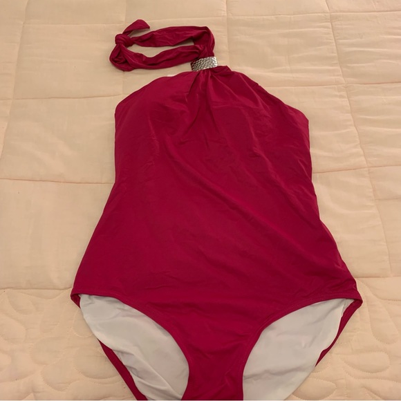 MICHAEL KORS fuchsia pink size 12 swimsuit one piece with metal accent halter - Picture 1 of 12